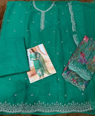 Sea green chiffon silk semi stitched suits 3