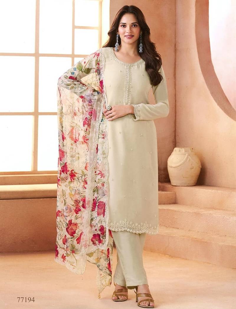 Ivory chiffon silk semi stitched suits