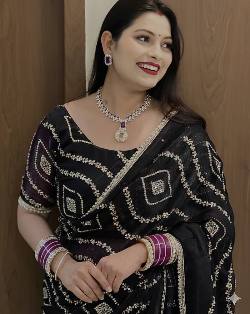 Black Color Sattin Silk Fabric on Beautiful Hand Work Fancy Lace Border Saree