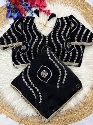 black satin saree with embroidered fancy lace border 2