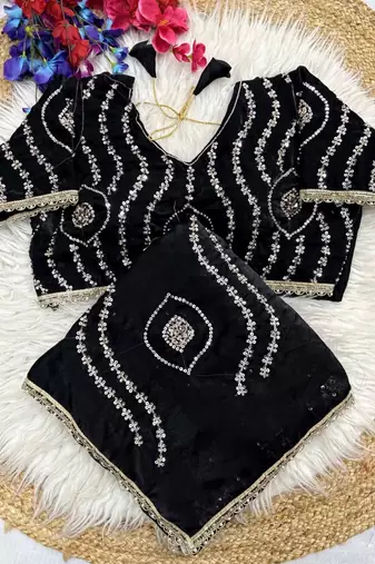 black satin saree with embroidered fancy lace border