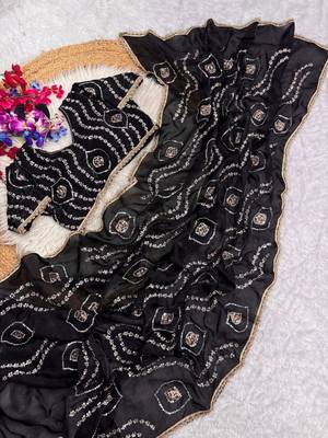 black satin saree with embroidered fancy lace border 3