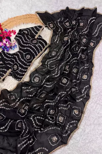 black satin saree with embroidered fancy lace border