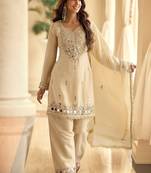 Ceam silk blend mirror embroidered work kurti plazzo set with dupatta