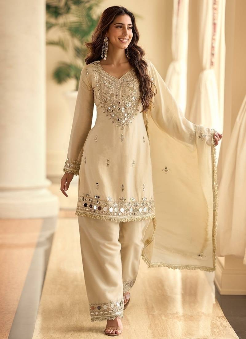 Ceam silk blend mirror embroidered work kurti plazzo set with dupatta