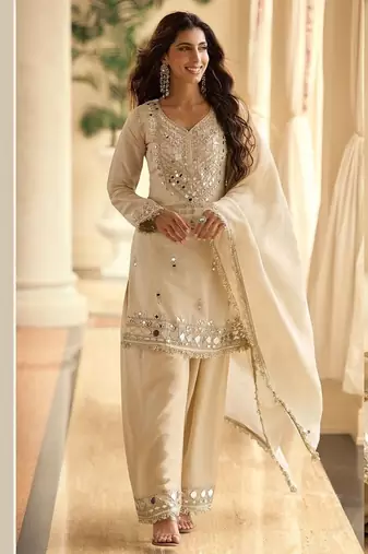 Ceam silk blend mirror embroidered work kurti plazzo set with dupatta