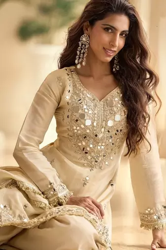Ceam silk blend mirror embroidered work kurti plazzo set with dupatta