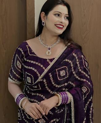 lavender satin art silk saree with hand work lace border 2