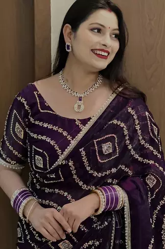 lavender satin art silk saree with hand work lace border