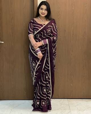 lavender satin art silk saree with hand work lace border 1