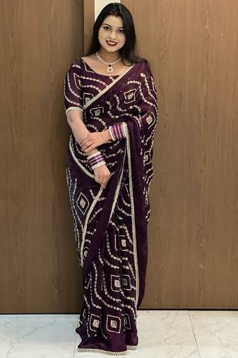 lavender satin silk saree with hand work lace border