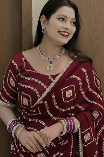 Maroon Color Sattin Silk Fabric on Beautiful Hand Work Fancy Lace Border Saree