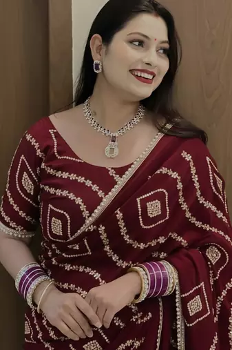 Maroon Color Sattin Silk Fabric on Beautiful Hand Work Fancy Lace Border Saree