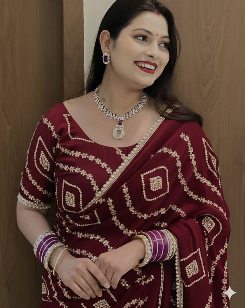 Maroon Color Sattin Silk Fabric on Beautiful Hand Work Fancy Lace Border Saree