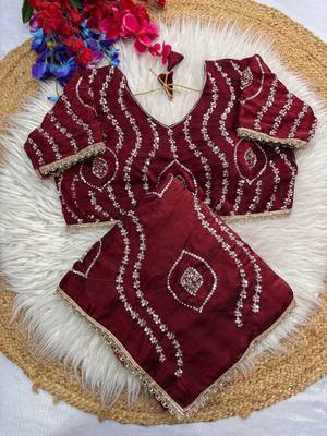 maroon satin art silk saree with hand work lace border 2