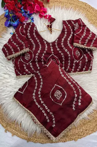 maroon satin art silk saree with hand work lace border