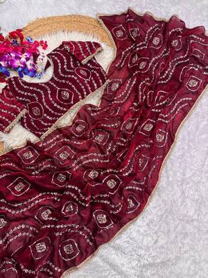 maroon satin art silk saree with hand work lace border 3