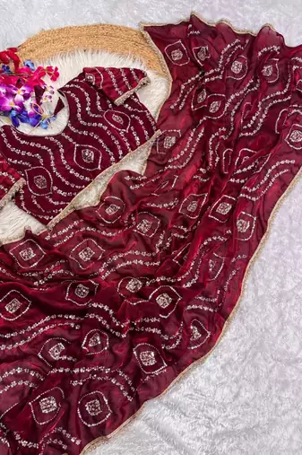 maroon satin art silk saree with hand work lace border