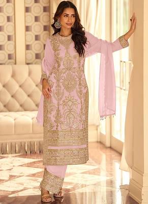 Baby pink georgette embroidered beads work plazzo suit 1