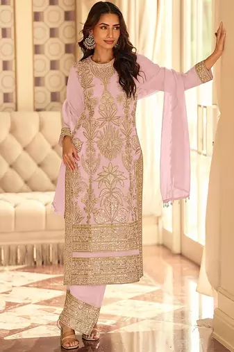 Baby pink georgette embroidered beads work plazzo suit