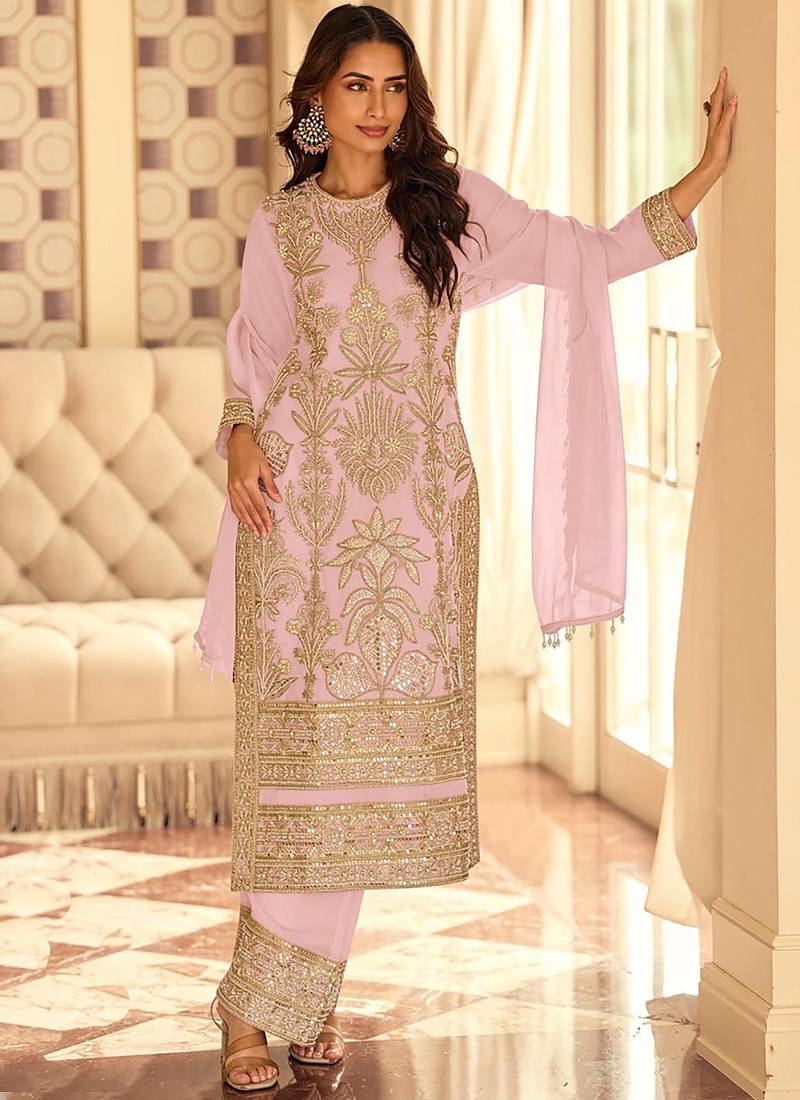 Baby pink georgette embroidered beads work plazzo suit