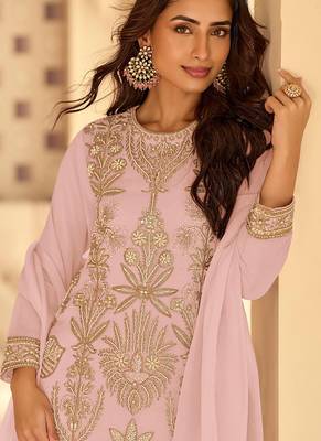 Baby pink georgette embroidered beads work plazzo suit 2