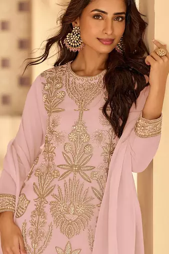 Baby pink georgette embroidered beads work plazzo suit
