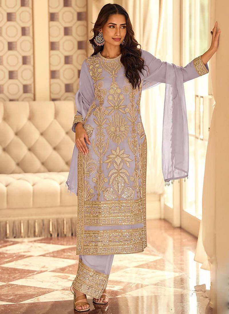 Light lavender georgette embroidered beads work plazzo suit