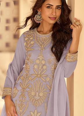 Light lavender georgette embroidered beads work plazzo suit 2