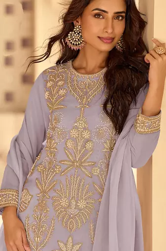 Light lavender georgette embroidered beads work plazzo suit