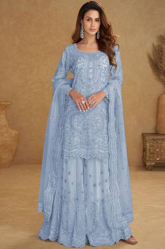 Sky blue net embroidered designer plazzo suit