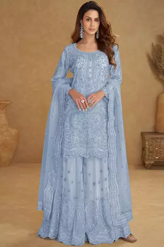 Sky blue net embroidered designer plazzo suit
