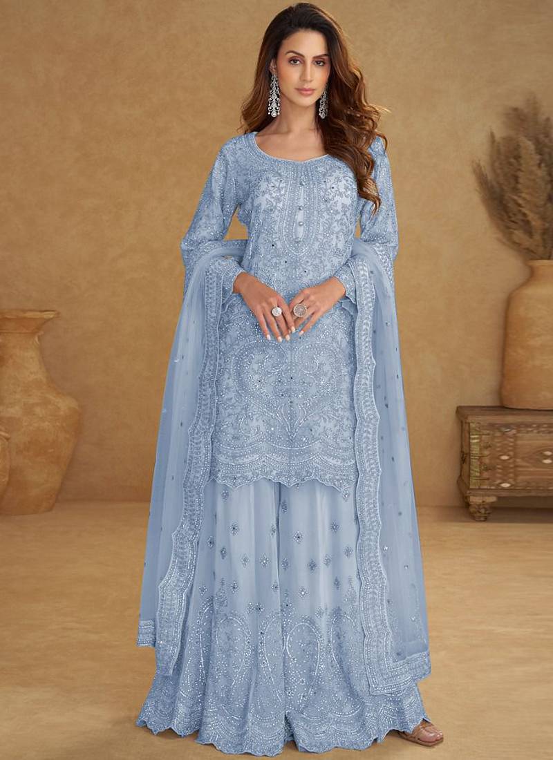 Sky blue net embroidered designer plazzo suit