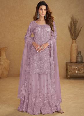 Lavender net embroidered designer plazzo suit 1