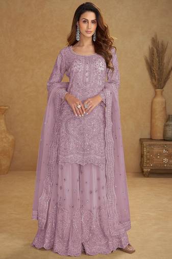 Lavender net embroidered designer plazzo suit