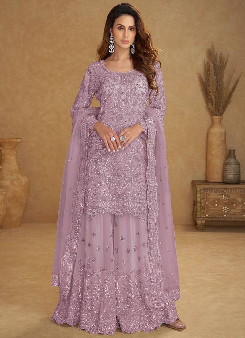 Lavender net embroidered designer plazzo suit
