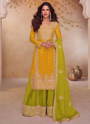 Yellow chinon silk embroidered plazzo suit 1