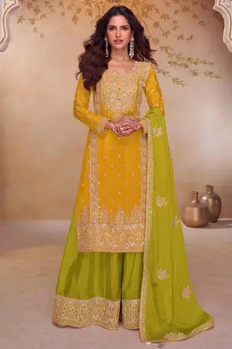 Yellow chinon silk embroidered plazzo suit