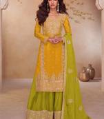 Yellow chinon silk embroidered plazzo suit