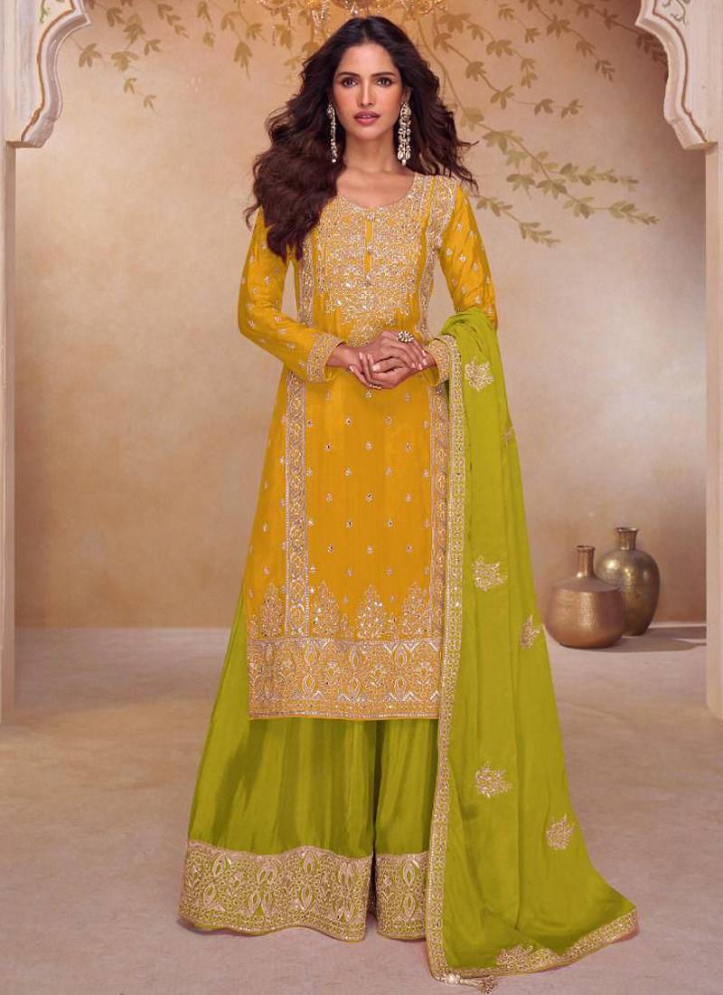 Yellow chinon silk embroidered plazzo suit