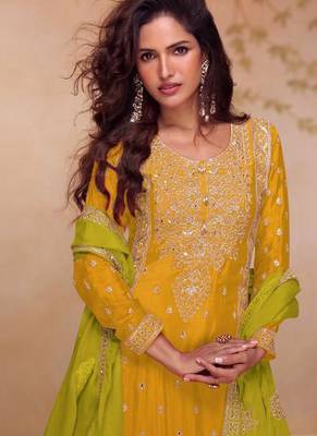 Yellow chinon silk embroidered plazzo suit 2