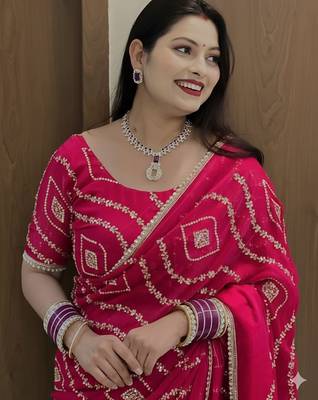 pink satin saree with embroidered fancy lace border 2