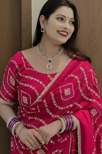 pink satin saree with embroidered fancy lace border