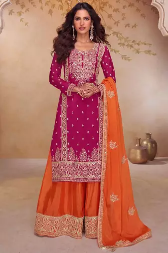 Pink chinon silk embroidered plazzo suit