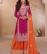 Pink chinon silk embroidered plazzo suit