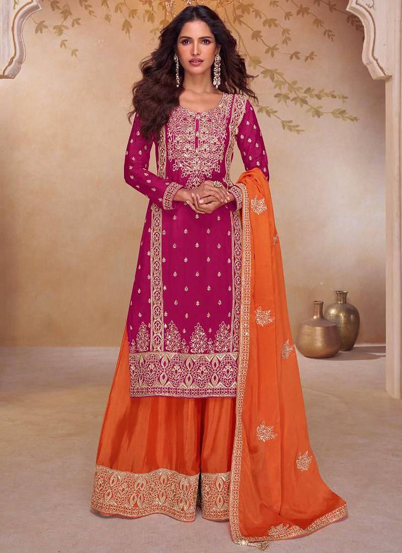 Pink chinon silk embroidered plazzo suit