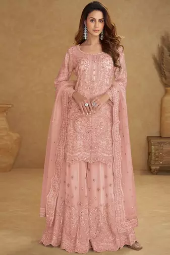 Peach net embroidered designer plazzo suit