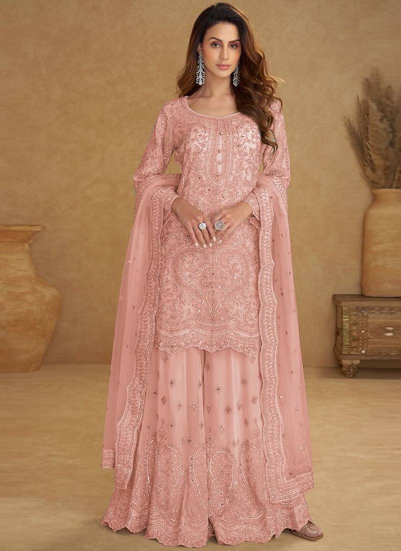 Peach net embroidered designer plazzo suit