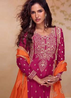 Pink chinon silk embroidered plazzo suit 2