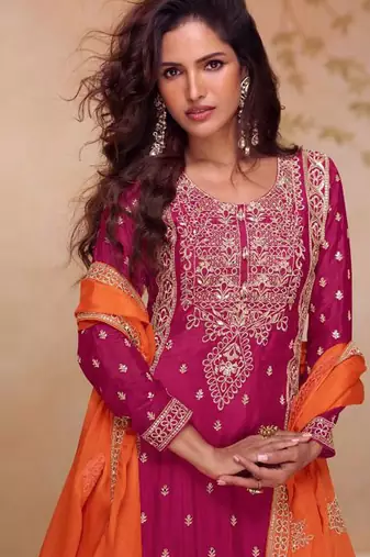 Pink chinon silk embroidered plazzo suit